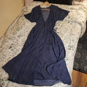 Reitmans Navy Wrap Maxi Dress with Tiny White Dot Print